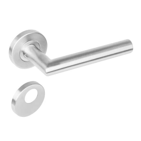 Afbeeldingen van INTERSTEEL Deurkruk rechte Hoek 90° op rond rozet staal met 7mm nok met RC plaatjes rvs 1272