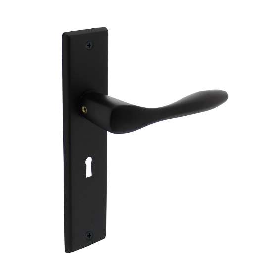 Afbeeldingen van INTERSTEEL Deurkruk Banaan met schild 181x41x7mm sleutelgat 56mm mat zwart 0201