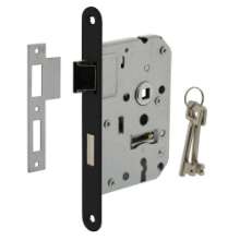 Afbeeldingen van INTERSTEEL Woningbouw klavier dag- en nachtslot 55mm, voorplaat afgerond zwart gelakt, 20x175, doorn 50mm incl. 9547