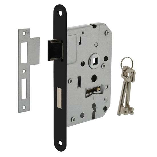 Afbeeldingen van INTERSTEEL Woningbouw klavier dag- en nachtslot 55mm, voorplaat afgerond zwart gelakt, 20x175, doorn 50mm incl. 9547
