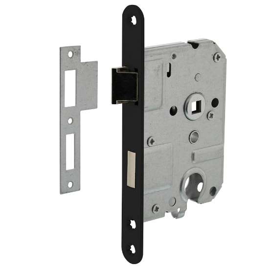 Afbeeldingen van INTERSTEEL Woningbouw cilinder dag- en nachtslot 55mm, voorplaat afgerond zwart gelakt, 20x175, doorn 50mm incl 9547