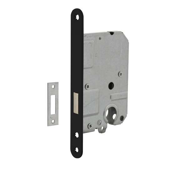Afbeeldingen van INTERSTEEL Woningbouw cilinder kastslot 55mm, voorplaat afgerond zwart gelakt, 20x175, doorn 50mm incl. sluitpl 9548