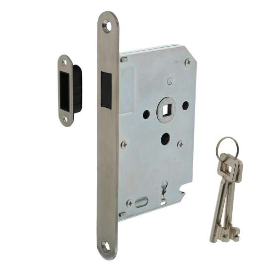 Afbeeldingen van INTERSTEEL Woningbouw magneet klavier dag- en nachtslot 55mm, voorplaat afgerond rvs, 20x175, doorn 50mm incl. 9571