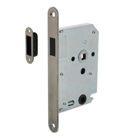Afbeeldingen van INTERSTEEL Woningbouw magneet badkamer/toilet slot 63/8mm, voorplaat afgerond rvs, 20x175, doorn 50mm incl. slu 9570