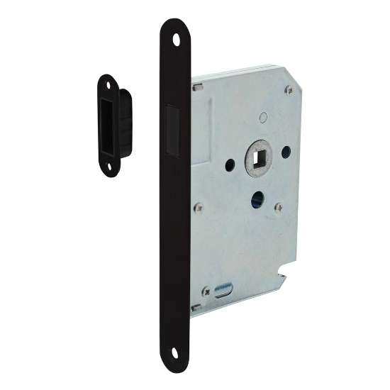 Afbeeldingen van INTERSTEEL Woningbouw magneet slot, voorplaat afgerond zwart, 20x175, doorn 50mm incl. sluitplaat/kom 9572