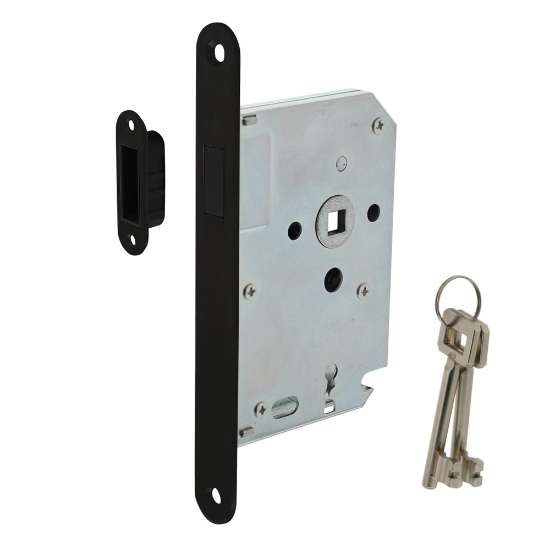 Afbeeldingen van INTERSTEEL Woningbouw magneet klavier dag- en nachtslot 55mm, voorplaat afgerond zwart, 20x175, doorn 50mm incl 9572