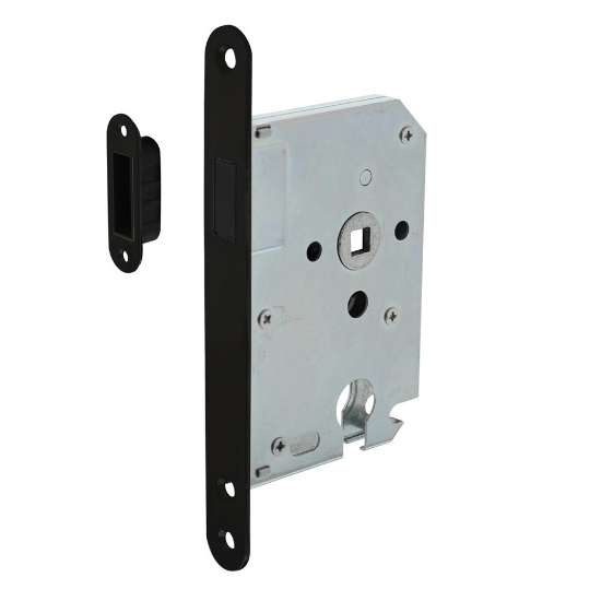 Afbeeldingen van INTERSTEEL Woningbouw magneet cilinder dag- en nachtslot 55mm, voorplaat afgerond zwart, 20x175, doorn 50mm inc 9572