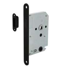 Afbeeldingen van INTERSTEEL Woningbouw magneet badkamer/toilet slot 63/8mm, voorplaat afgerond zwart, 20x175, doorn 50mm incl. s 9572