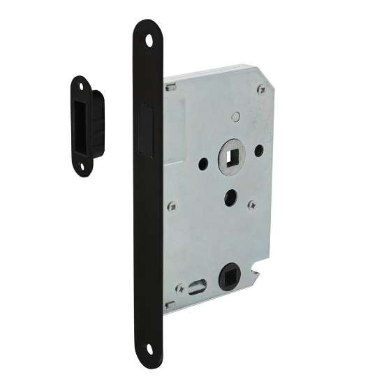 Afbeeldingen van INTERSTEEL Woningbouw magneet badkamer/toilet slot 63/8mm, voorplaat afgerond zwart, 20x175, doorn 50mm incl. s 9572