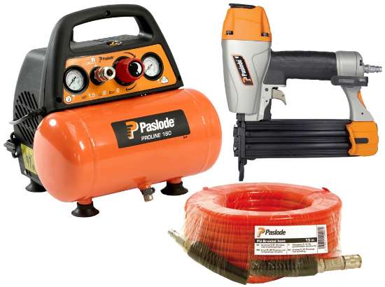 Afbeeldingen van Paslode afwerknagelapparaat FN1850.2 - werkdruk 5,5 tot 8 bar geschikt voor 16-50mm nagels - inclusief compressor Proline 160