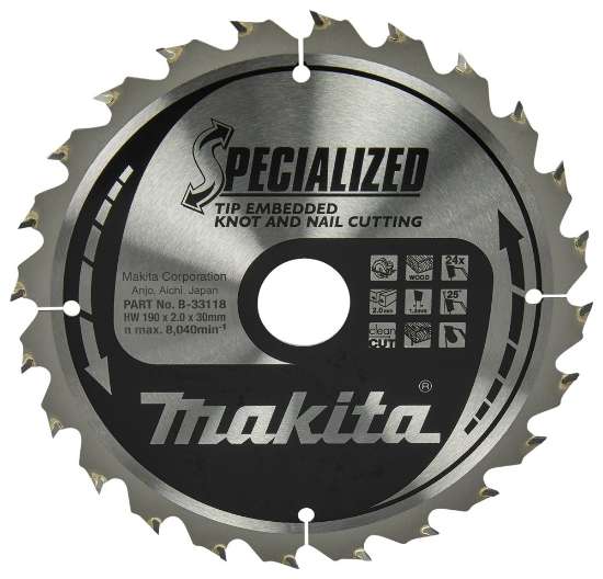 Afbeeldingen van Makita zaagblad B-33118 - Ø190X30X2.0mm 24 tands - geschikt voor hout met spijkers