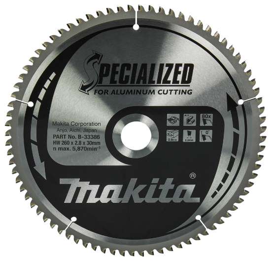 Afbeeldingen van Makita tafelzaagblad Specialized B-33386 - Ø260x2,8x30mm 0° 80T - voor aluminium