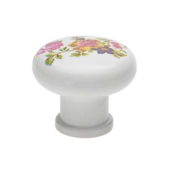 Afbeeldingen van Siro Meubelknop kunststof - L 32mm/H 27mm/B 32mm - wit/bloem motief 