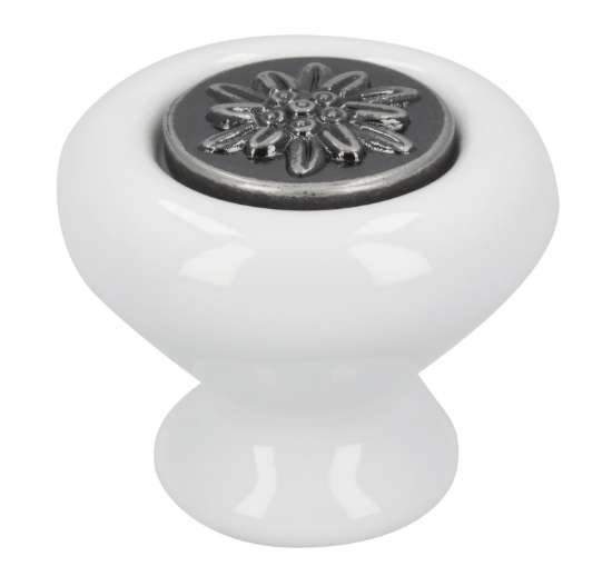 Afbeeldingen van Siro Meubelknop keramisch - L 39mm/H 31mm/B 39mm wit/antiek zilver 