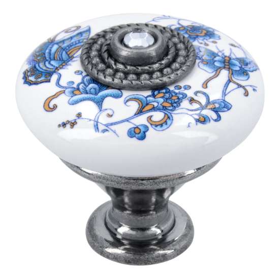 Afbeeldingen van Siro Meubelknop keramisch - L 32mm/H 30mm/B 32mm wit bloemen/ antiek zilver 
