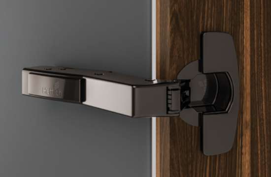 Afbeeldingen van Hettich Sensys hoekscharnier W45 met geïntegreerde demping (Sensys 8639i W45), in obsidiaanzwart, opliggend, openingshoek 95°, TH-boorbeeld 52 x 5,5 mm, met spreidpluggen (ø 10 x 11)