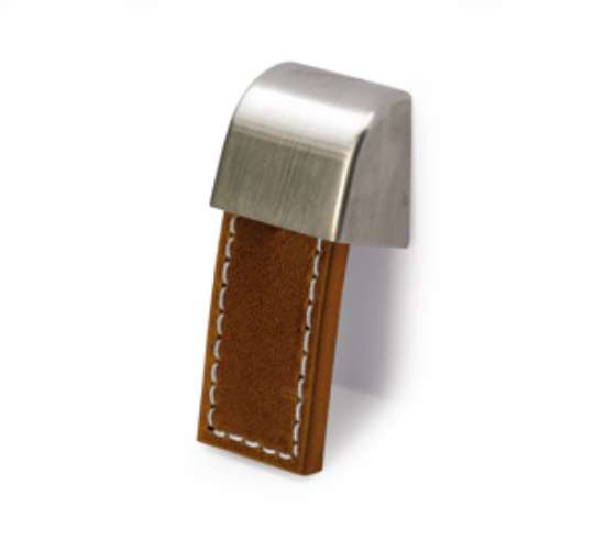 Afbeeldingen van Hettich Knop Agna, L 20 mm, B 50 mm, H 25 mm, Donkerbruin leer / roestvrij staal finish geborsteld