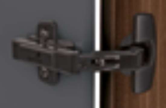 Afbeeldingen van Hettich Scharnier voor hoekkastvouwdeuren veerloos (Intermat 9930), in obsidiaanzwart, opliggend, Openingshoek 50° / 65°, TH-boorbeeld 52 x 5,5 mm, met spreidpluggen (ø 10 x 11)