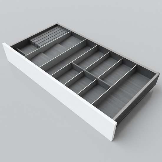 Afbeeldingen van Blum Bestekindeling voor kruidenpotjes Legrabox houtdecor - corpusbreedte 850-1050 diepte 450mm - houtdecor zwart/aluminium OL.SA4590S3BEST