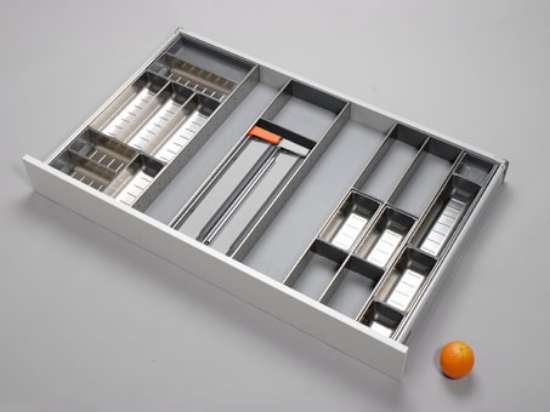 Afbeeldingen van Blum Bestekindeling met foliehouder Orga-Line - corpusbreedte 1100mm en groter ladediepte 650 - inox/RVS OL.BO6511S6BESTEKLADE