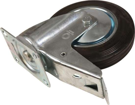 Afbeeldingen van Kelfort zwenkwiel - Ø200mm (205kg) - gegalvaniseerd met stalen velg, plaat en rollager met rem zwart/rubber loopvlak 