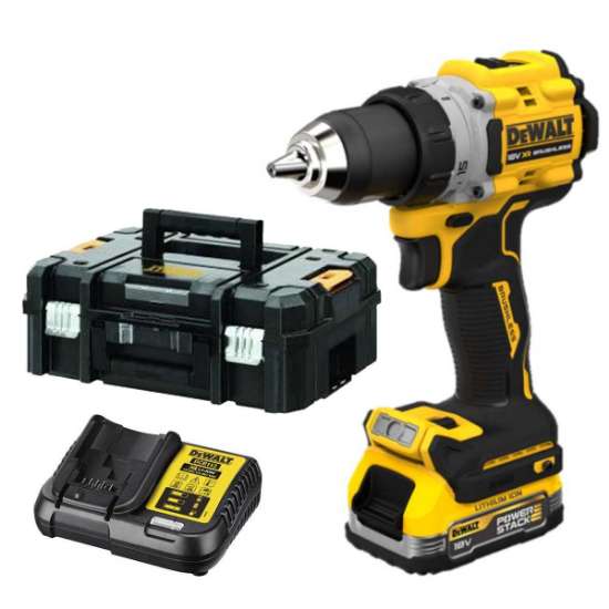 Afbeeldingen van DeWalt compacte schroef-/klopboormachine DCD805E1T-QW - 18V XR 1x Powerstack - Inclusief lader in koffer